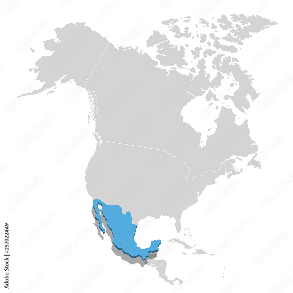 Fototapeta premium Vector illustration of Mexico in blue on the grey model of North America map