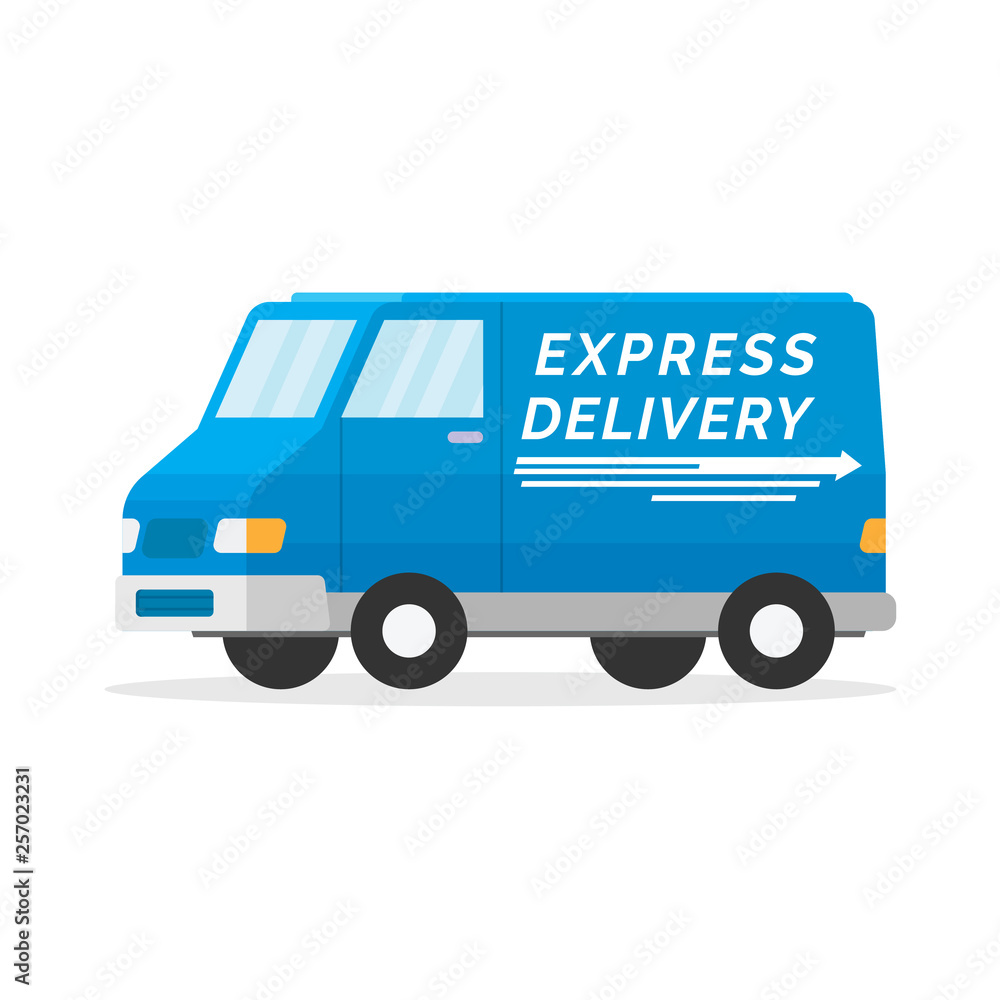 Delivery van with shadow on white background. Flat style vector illustration delivery service concept. Product goods shipping transport. Fast service truck - Vector