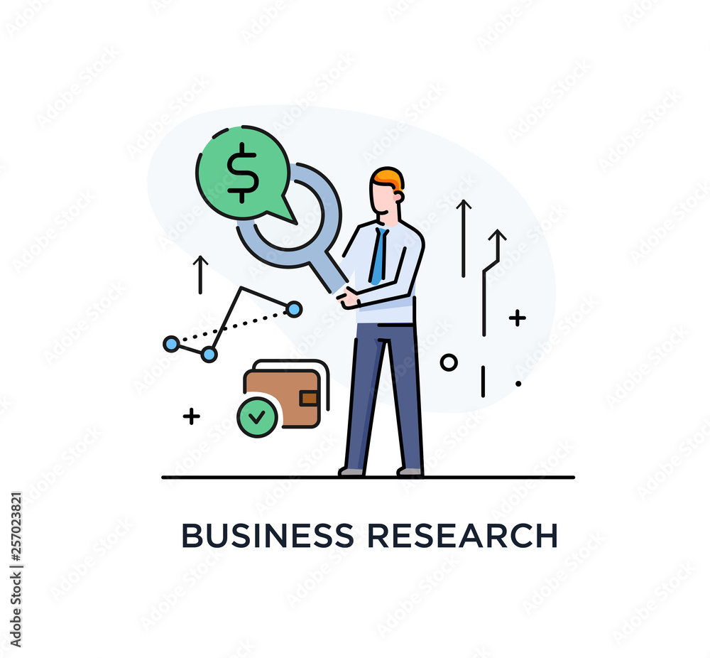Businessman with magnifier looking for money. Line icon illustration. Success, rates