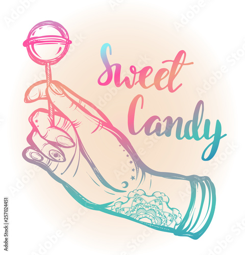 Vector illustration. Hand with a lollipop ,lettering sweet candy. Handmade, prints on T-shirts, tattoos, background white,Tattooed hand. Pink blue color