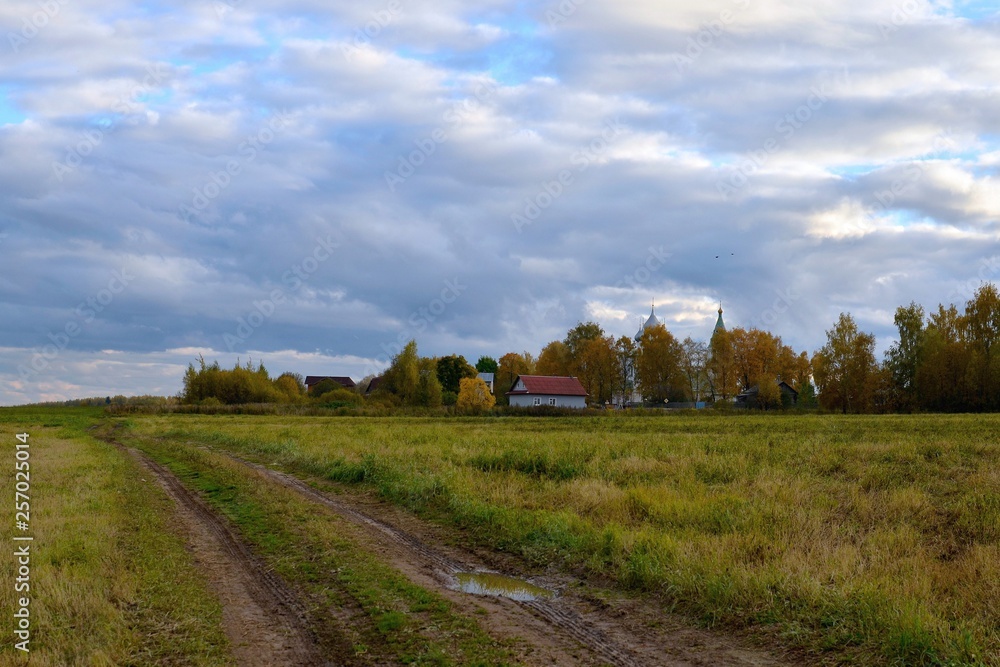 Country road in the field leading to the village, golden autumn in the Russian outback, Kostroma Region