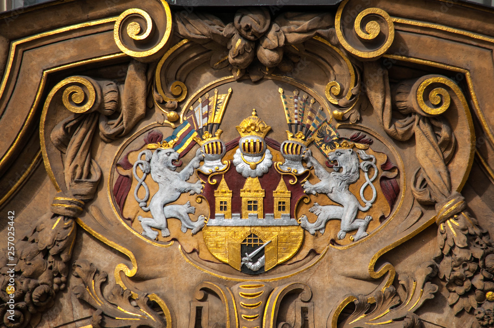 Prague, city coat of arms, ornate emblem of Prague close up