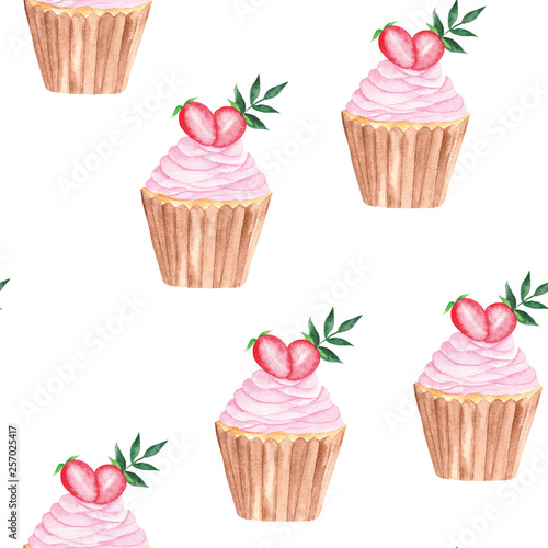  watercolor pattern with pink purple yellow cupcakes with fruit  kiwi  cherry  strawberry