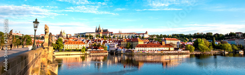 The beautiful landscape of the old town and the Hradcany (Prague Castle) with St. Vitus Cathedral and St. George church in Prague, Czech Republic. amazing places. popular tourist atraction