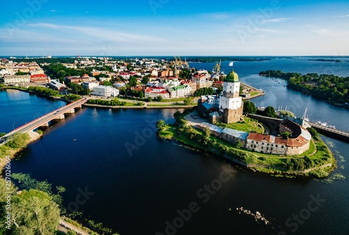 Aerial view of Vyborg city panorama, Russia.