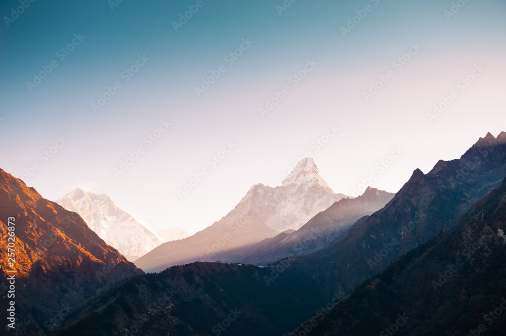 View of Mount Ama Dablam and Lhotse at sunrise in Himalayas, Everest region, Nepal