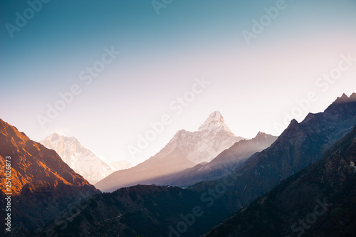 View of Mount Ama Dablam and Lhotse at sunrise in Himalayas, Everest region, Nepal