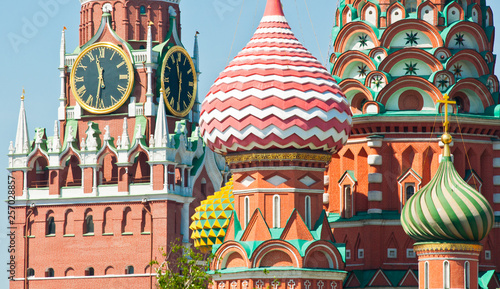 Spasskaya Tower and Cathedral of Vasily the Blessed (Saint Basil's Cathedral) in Moscow. Russia