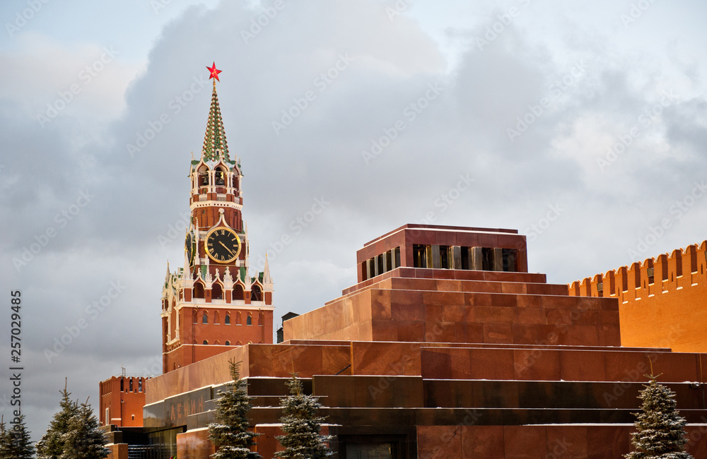 Lenin's Mausoleum and Spasskaya Tower, Red square, winter, Moscow, Russia