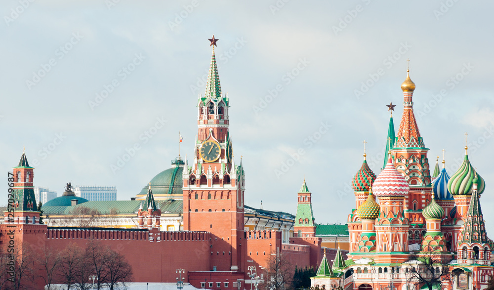 Spasskaya Tower and Cathedral of Vasily the Blessed (Saint Basil's Cathedral) on Red Square. Winter day. Moscow. Russia