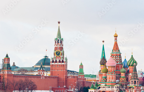 Spasskaya Tower and Cathedral of Vasily the Blessed (Saint Basil's Cathedral) on Red Square. Winter day. Moscow. Russia