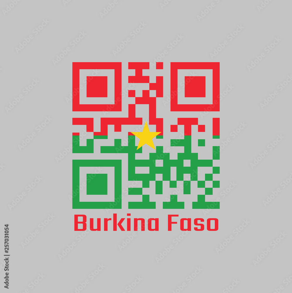 QR code set the color of Burkina Faso flag. Two horizontal bands of red and green with the yellow five-pointed star in the center. QR code set the color of Burkina Faso flag. Two horizontal bands of red and green with the yellow five-pointed star in the center.
