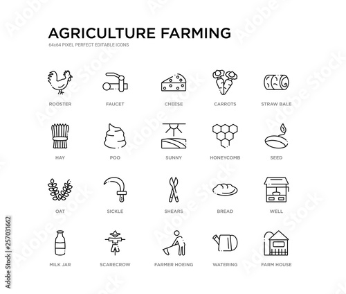 set of 20 line icons such as shears, sickle, oat, honeycomb, sunny, poo, hay, carrots, cheese, faucet. agriculture farming outline thin icons collection. editable 64x64 stroke