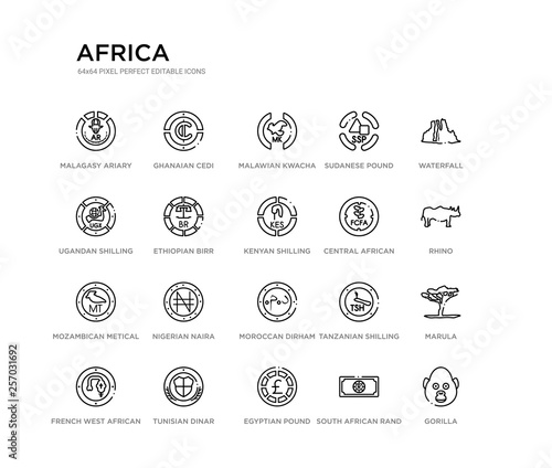 set of 20 line icons such as moroccan dirham, nigerian naira, mozambican metical, central african franc, kenyan shilling, ethiopian birr, ugandan shilling, sudanese pound, malawian kwacha, ghanaian
