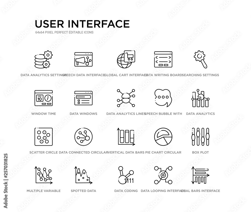 set of 20 line icons such as vertical data bars, data connected circular interface, scatter circle, speech bubble with three dots inside, data analytics lines on spherical grid, windows, window