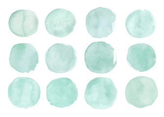 Watercolor abstract shapes isolated on white background. Painted splashes, splatters, background blobs. Hand drawn painted design elements in mint, teal, aqua.