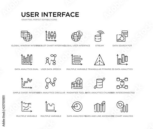 set of 20 line icons such as magnifier tool in vertical position interface, data analytics circular, simple chart interface, triangular pyramid, multiple variable vertical bars, user data speech