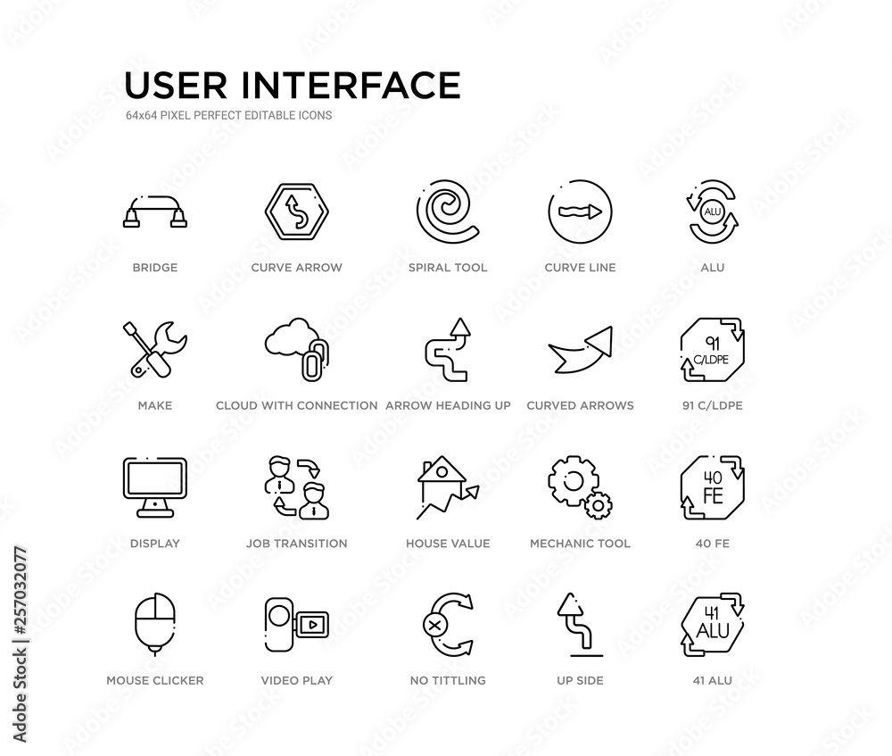 set of 20 line icons such as house value, job transition, display, curved arrows, arrow heading up, cloud with connection, make, curve line, spiral tool, curve arrow. user interface outline thin