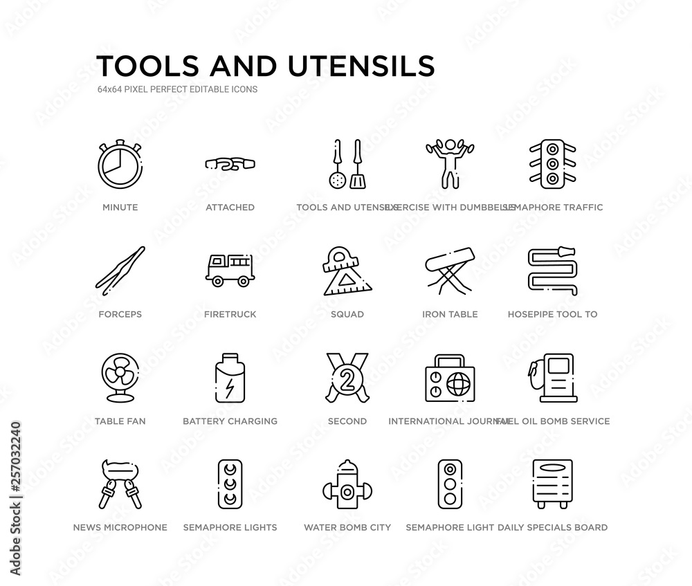 set of 20 line icons such as second, battery charging, table fan, iron table, squad, firetruck, forceps, exercise with dumbbells, tools and utensils, attached. tools and utensils outline thin icons