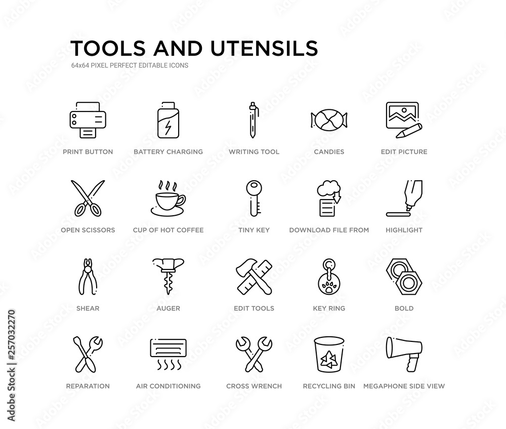 set of 20 line icons such as edit tools, auger, shear, download file from cloud, tiny key, cup of hot coffee, open scissors, candies, writing tool, battery charging status. tools and utensils set of 20 line icons such as edit tools, auger, shear, download file from cloud, tiny key, cup of hot coffee, open scissors, candies, writing tool, battery charging status. tools and utensils