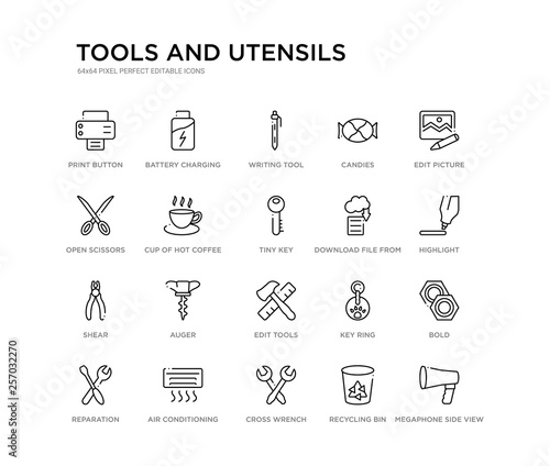 set of 20 line icons such as edit tools, auger, shear, download file from cloud, tiny key, cup of hot coffee, open scissors, candies, writing tool, battery charging status. tools and utensils
