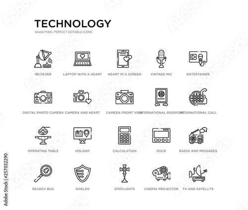 set of 20 line icons such as calculation, holiday, operating table, international passport, camera front view, camera and heart picture, digital photo camera, vintage mic, heart in a screen, laptop
