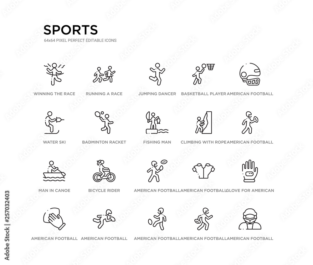 set of 20 line icons such as american football player catching the ball, bicycle rider, man in canoe, climbing with rope, fishing man, badminton racket and feather, water ski, basketball player