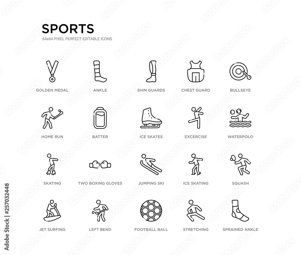 set of 20 line icons such as jumping ski, two boxing gloves, skating, excercise, ice skates, batter, home run, chest guard, shin guards, ankle. sports outline thin icons collection. editable 64x64