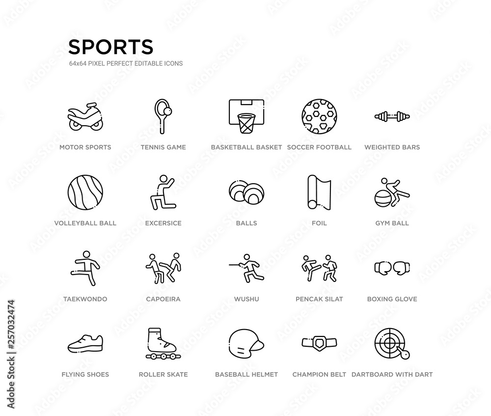 set of 20 line icons such as wushu, capoeira, taekwondo, foil, balls, excersice, volleyball ball, soccer football ball, basketball basket, tennis game. sports outline thin icons collection. editable
