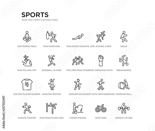 set of 20 line icons such as dancer motion, dancing motion, soccer player number four, man threating with his fist, two men practicing karate, baseball player with bat, man falling off a precipice,
