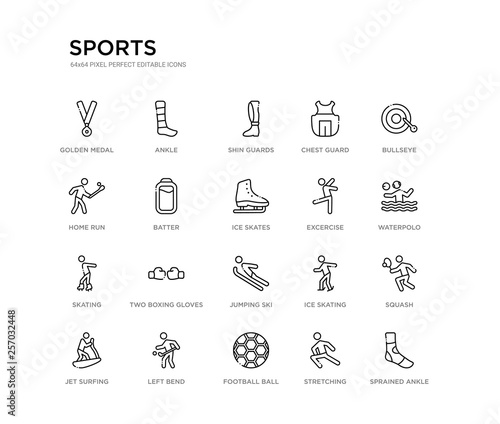 set of 20 line icons such as jumping ski, two boxing gloves, skating, excercise, ice skates, batter, home run, chest guard, shin guards, ankle. sports outline thin icons collection. editable 64x64
