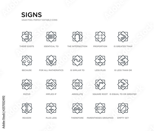 Fototapeta Naklejka Na Ścianę i Meble -  set of 20 line icons such as absolute, implies if, maths, less plus, is similar to, for all mathematics, because, proportion, the intersection of, identical to. signs outline thin icons collection.