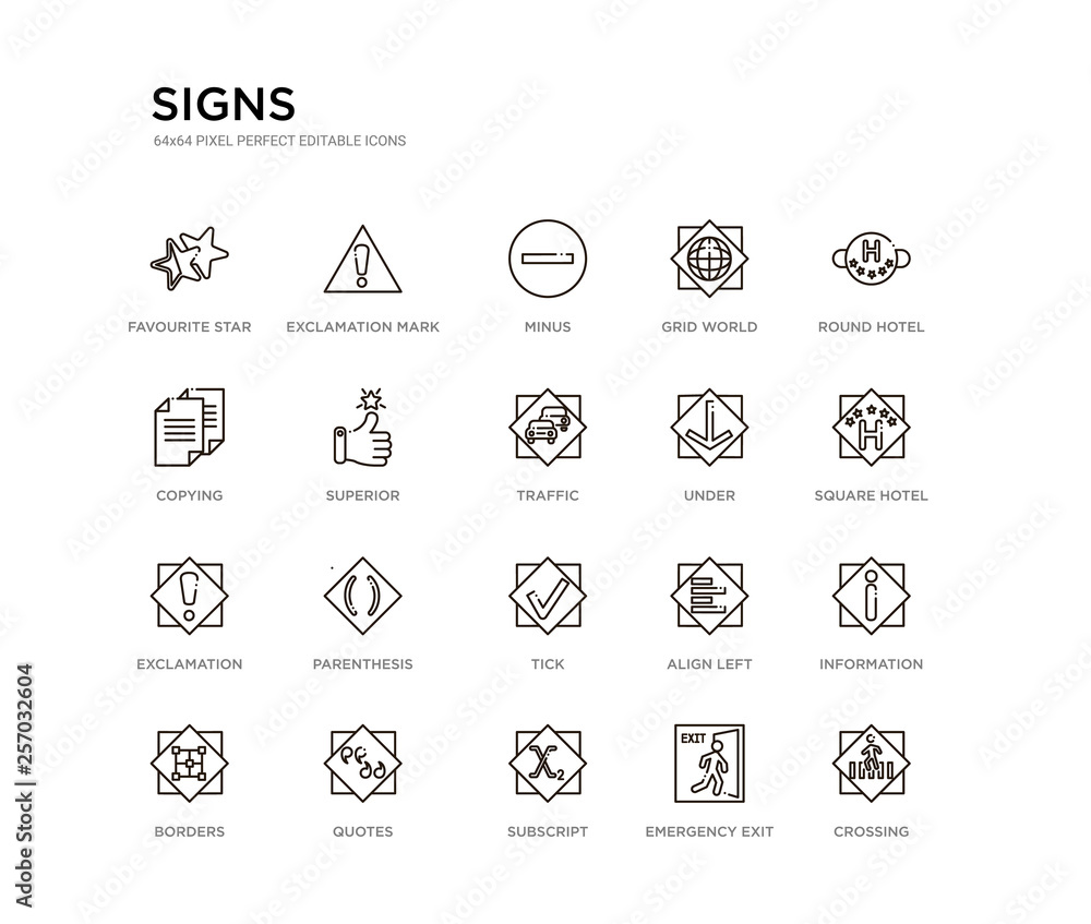 set of 20 line icons such as tick, parenthesis, exclamation, under, traffic, superior, copying, grid world, minus, exclamation mark. signs outline thin icons collection. editable 64x64 stroke