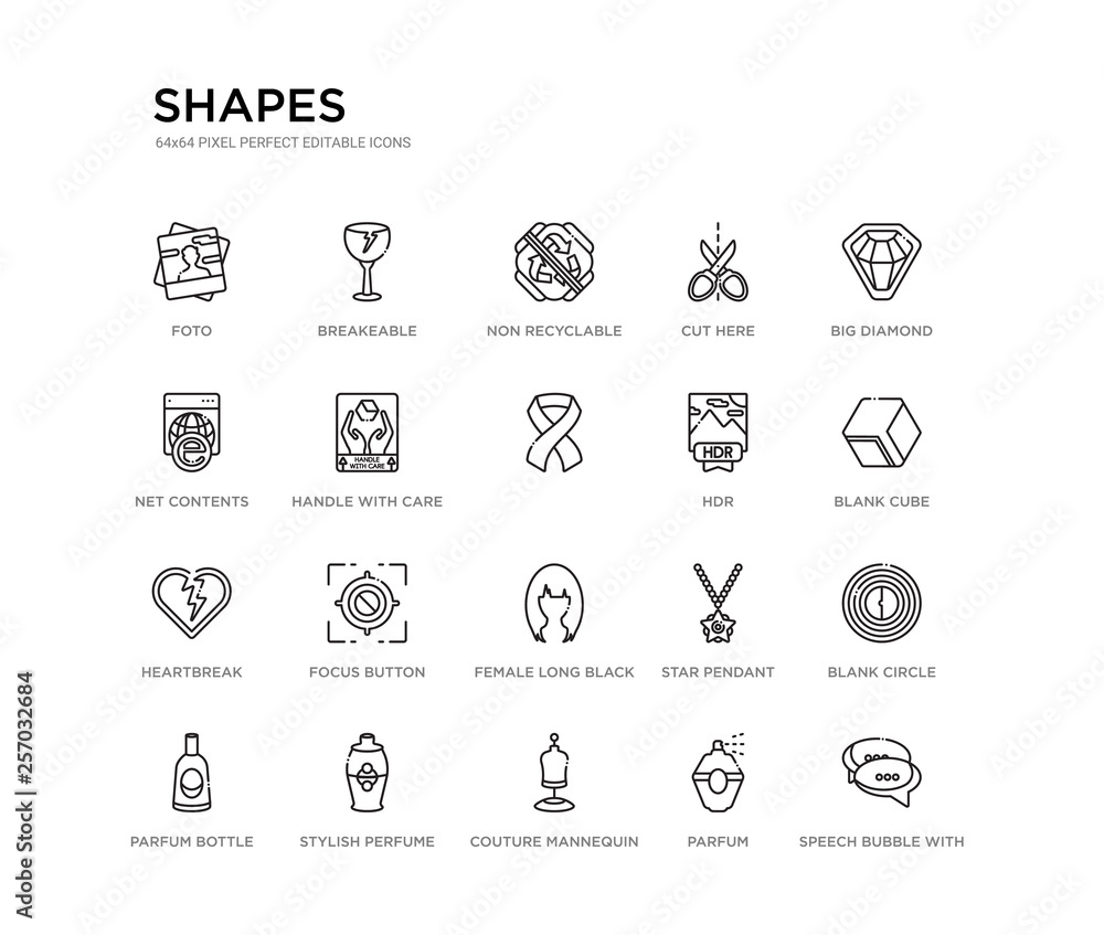 set of 20 line icons such as female long black hair, focus button, heartbreak, hdr,  , handle with care, net contents, cut here, non recyclable, breakeable. shapes outline thin icons collection.