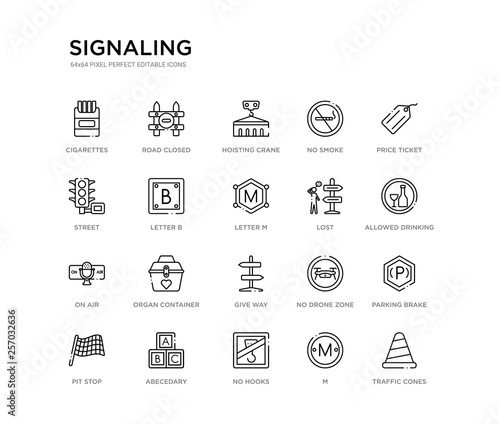 set of 20 line icons such as give way, organ container, on air, lost, letter m, letter b, street, no smoke, hoisting crane, road closed. signaling outline thin icons collection. editable 64x64