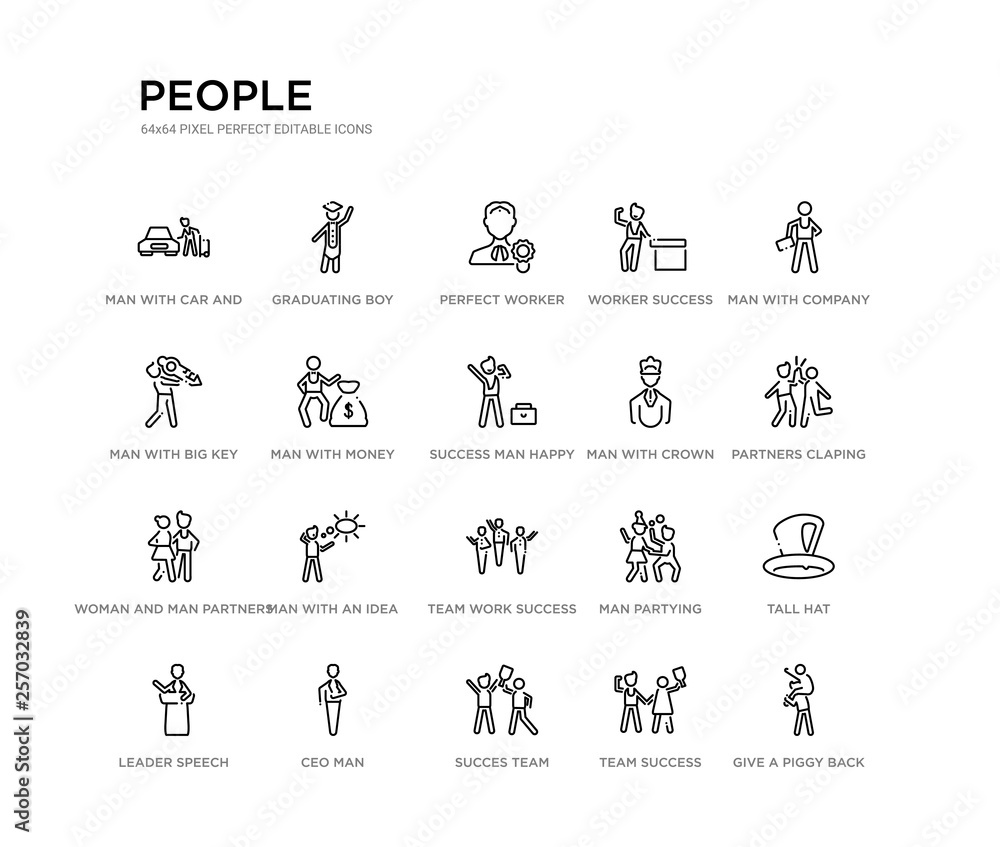 set of 20 line icons such as team work success, man with an idea, woman and man partners, man with crown, success happy, with money, big key, worker success, perfect worker, graduating boy. people