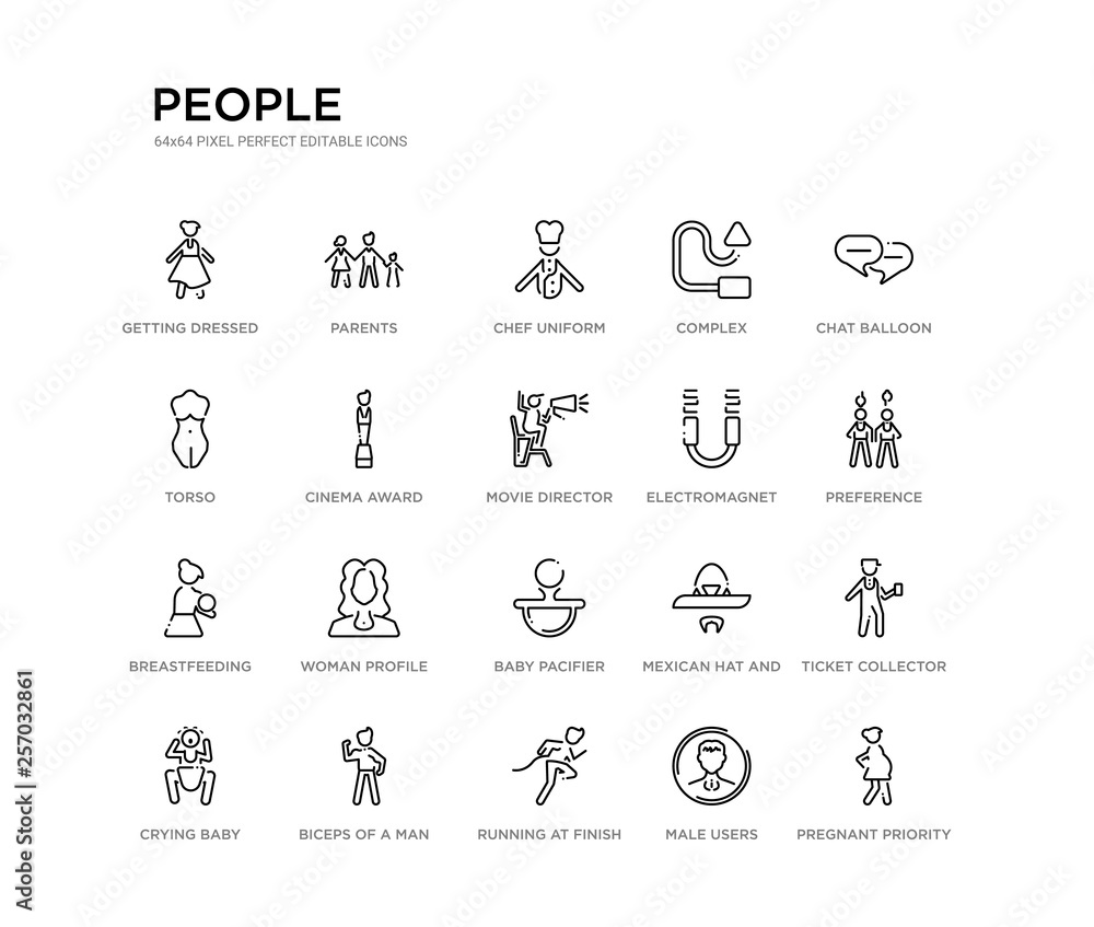 set of 20 line icons such as baby pacifier, woman profile, breastfeeding, electromagnet, movie director, cinema award, torso, complex, chef uniform, parents. people outline thin icons collection.