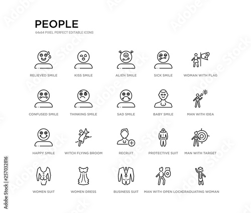 set of 20 line icons such as recruit, witch flying broom, happy smile, baby smile, sad smile, thinking confused sick alien kiss people outline thin icons collection. editable 64x64 stroke