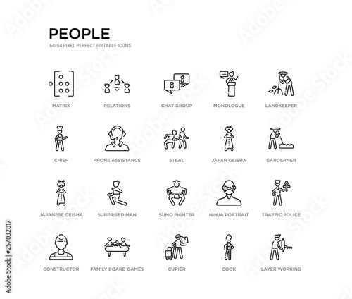 set of 20 line icons such as sumo fighter, surprised man, japanese geisha, japan geisha, steal, phone assistance, chief, monologue, chat group, relations. people outline thin icons collection.