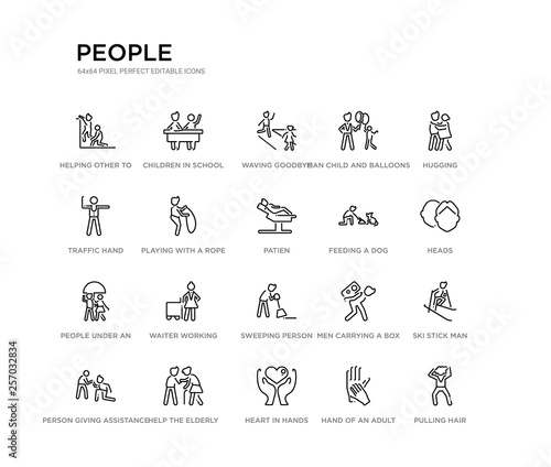 set of 20 line icons such as sweeping person, waiter working, people under an umbrella, feeding a dog, patien, playing with a rope, traffic hand, man child and balloons, waving goodbye, children in