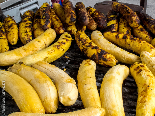 Bilde på lerret Close up of roasted ripe plantain sell at Cali city center