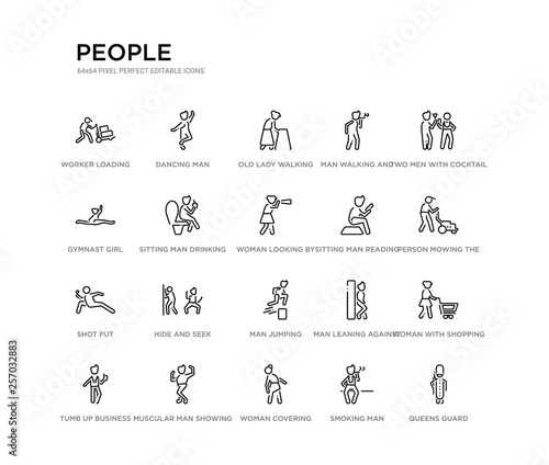 set of 20 line icons such as man jumping, hide and seek, shot put, sitting man reading, woman looking by a spyglass, sitting man drinking a soda, gymnast girl, walking and smoking, old lady walking,