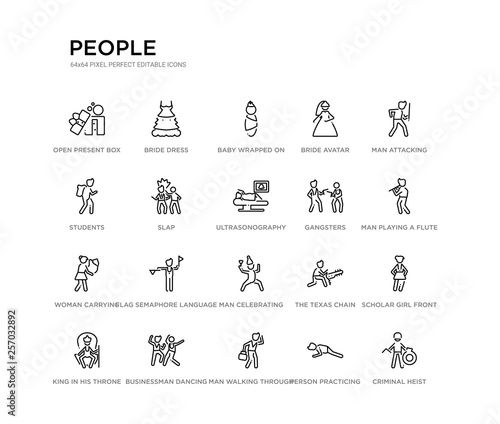 set of 20 line icons such as man celebrating, flag semaphore language, woman carrying, gangsters, ultrasonography, slap, students, bride avatar, baby wrapped on swaddling clothes, bride dress.