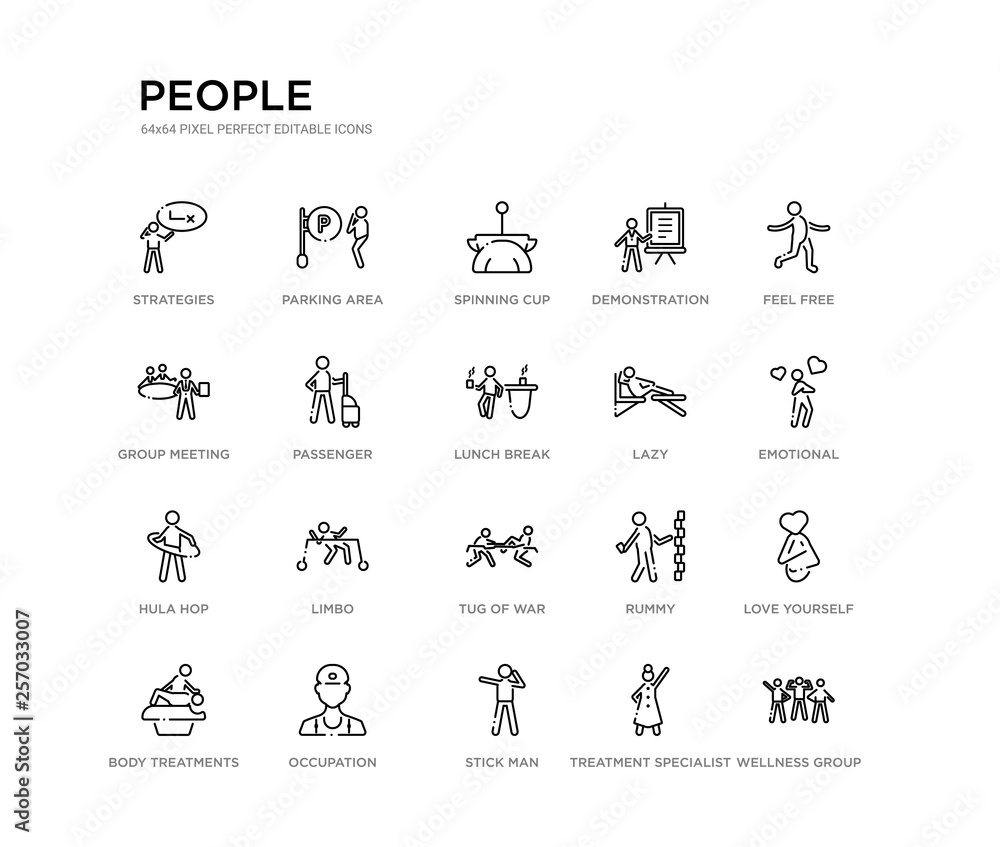 set of 20 line icons such as tug of war, limbo, hula hop, lazy, lunch break, passenger, group meeting, demonstration, spinning cup, parking area. people outline thin icons collection. editable 64x64