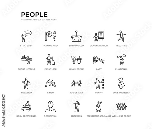 set of 20 line icons such as tug of war, limbo, hula hop, lazy, lunch break, passenger, group meeting, demonstration, spinning cup, parking area. people outline thin icons collection. editable 64x64
