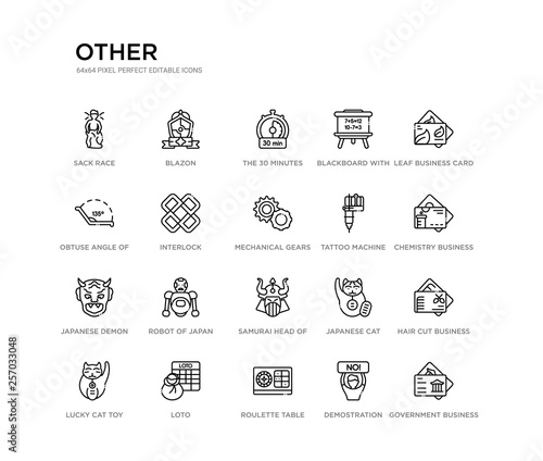 set of 20 line icons such as samurai head of japan, robot of japan, japanese demon, tattoo machine, mechanical gears, interlock, obtuse angle 135 degrees, blackboard with basic calculations, the 30