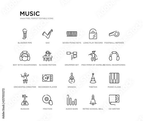 set of 20 line icons such as spanish, recorder player, orchestra director, pied piper of hamelin, drummer set, dj hand motion, boy with headphones, long play record cover, seven piano keys, sax.