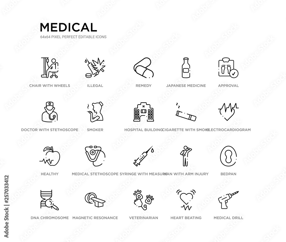 set of 20 line icons such as syringe with measure marks, medical stethoscope, healthy, cigarette with smoke, hospital building, smoker, doctor with stethoscope, japanese medicine bottle, remedy,