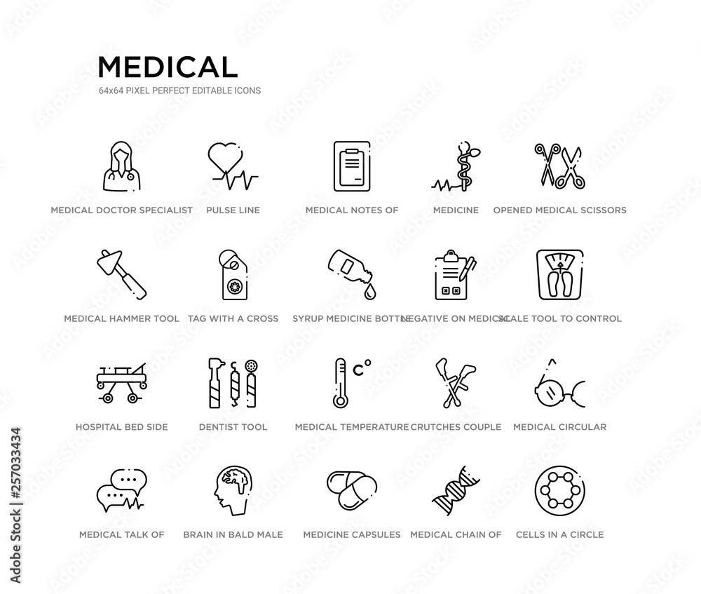 set of 20 line icons such as medical temperature control tool, dentist tool, hospital bed side view, negative on medical clipboard, syrup medicine bottle, tag with a cross, medical hammer tool,