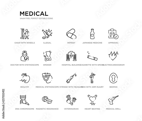 set of 20 line icons such as syringe with measure marks, medical stethoscope, healthy, cigarette with smoke, hospital building, smoker, doctor with stethoscope, japanese medicine bottle, remedy,